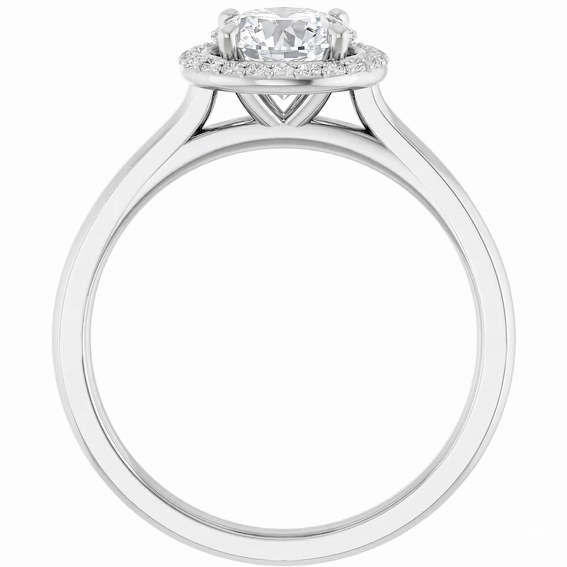 A silver engagement ring with a large central diamond surrounded by smaller diamonds, set in a halo of smaller diamonds.