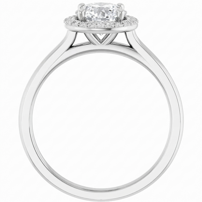 A silver engagement ring with a large central diamond surrounded by smaller diamonds, set in a halo of smaller diamonds.