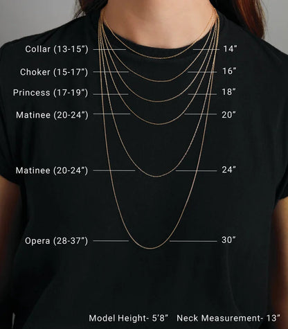 a person wearing a necklace with various chain lengths and sizes, and it is labeled with the corresponding necklace sizes and measurements.