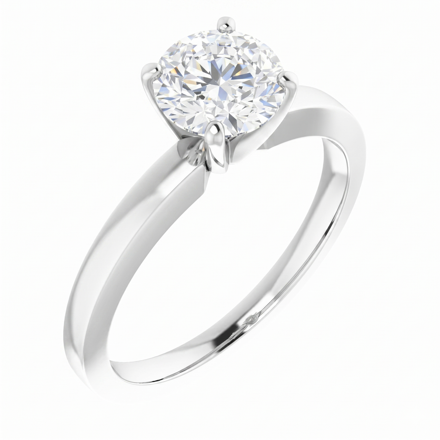 A silver engagement ring with a large, round diamond set in the center.