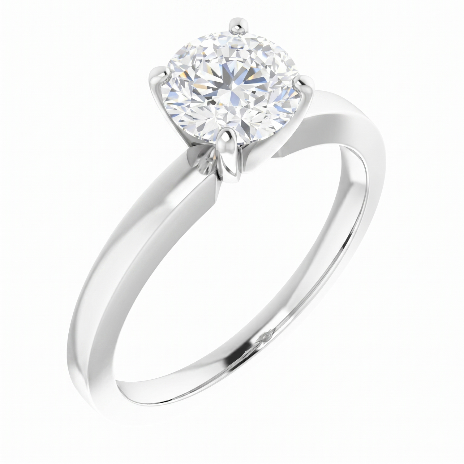 A silver engagement ring with a large, round diamond set in the center.