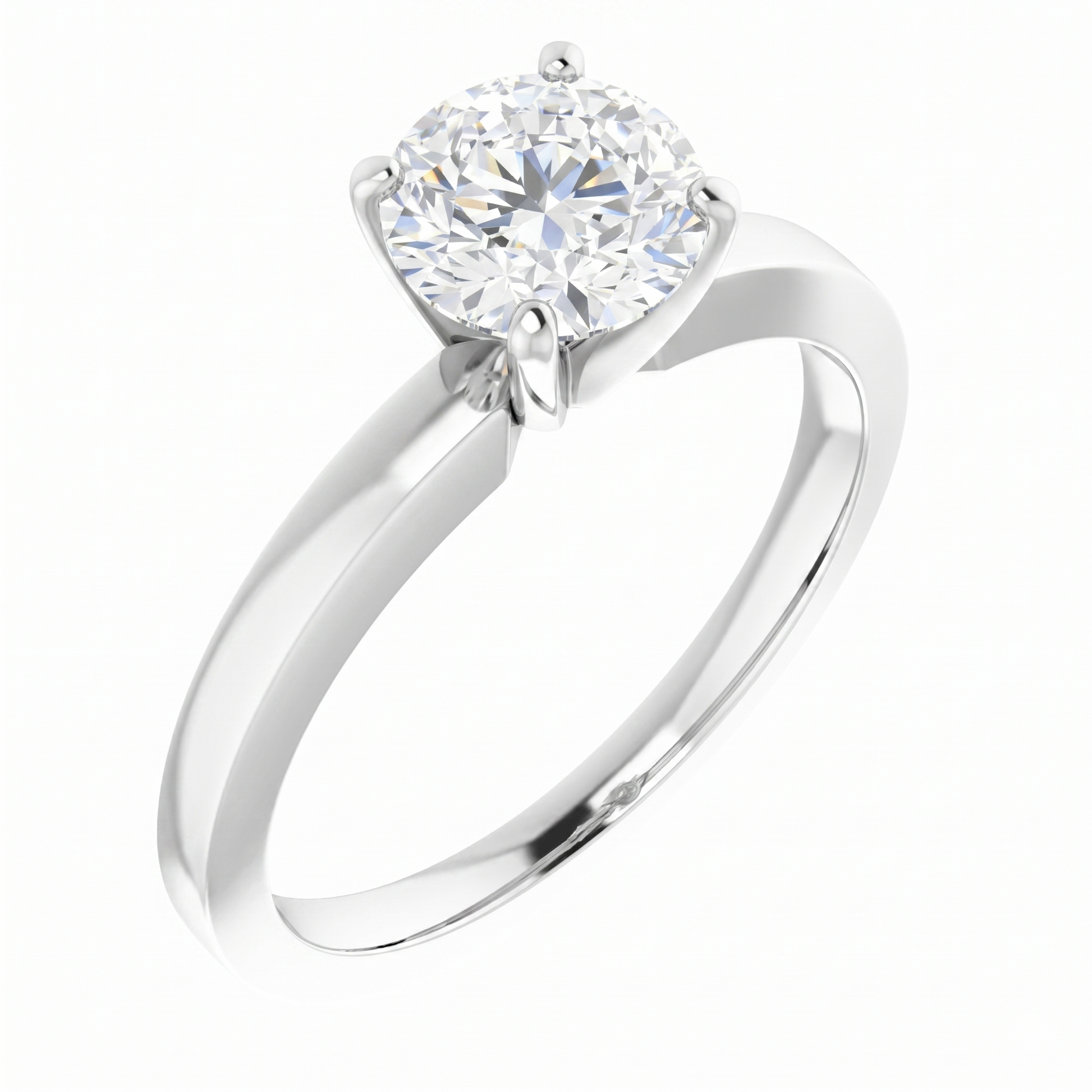 A silver engagement ring with a large, round diamond set in the center.