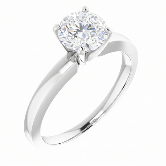 A silver engagement ring with a large, round diamond set in the center.