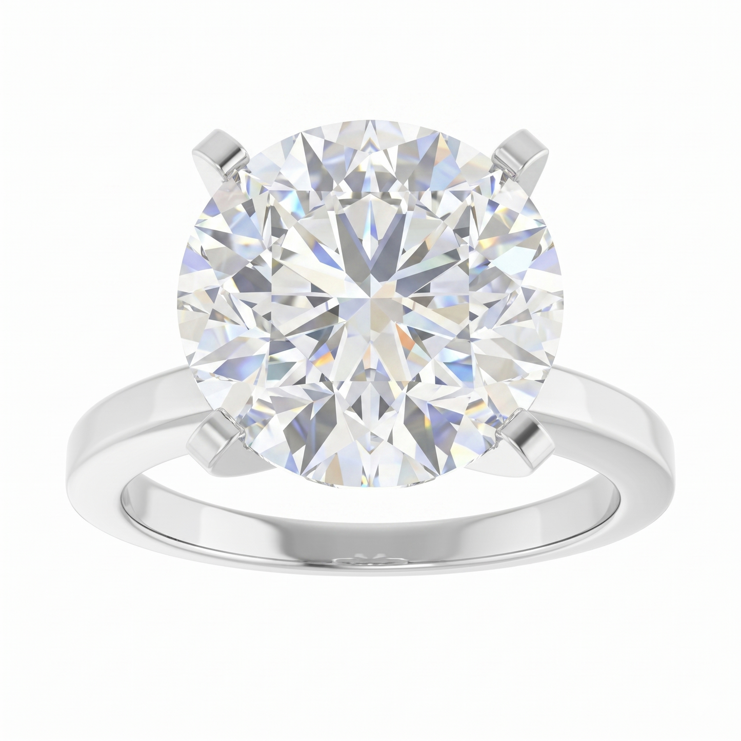 A large, brilliant round diamond engagement ring with a silver band.