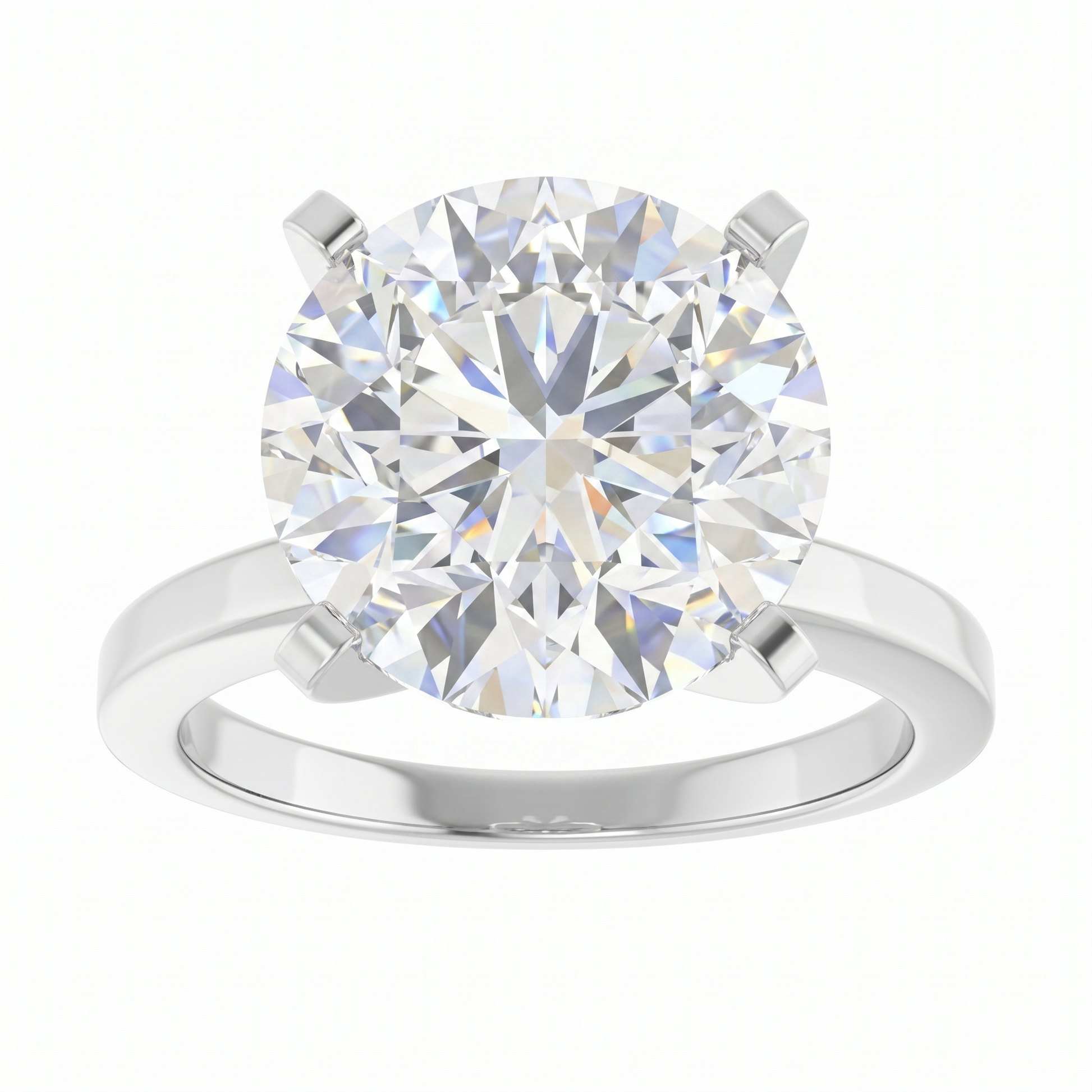 A large, brilliant round diamond engagement ring with a silver band.