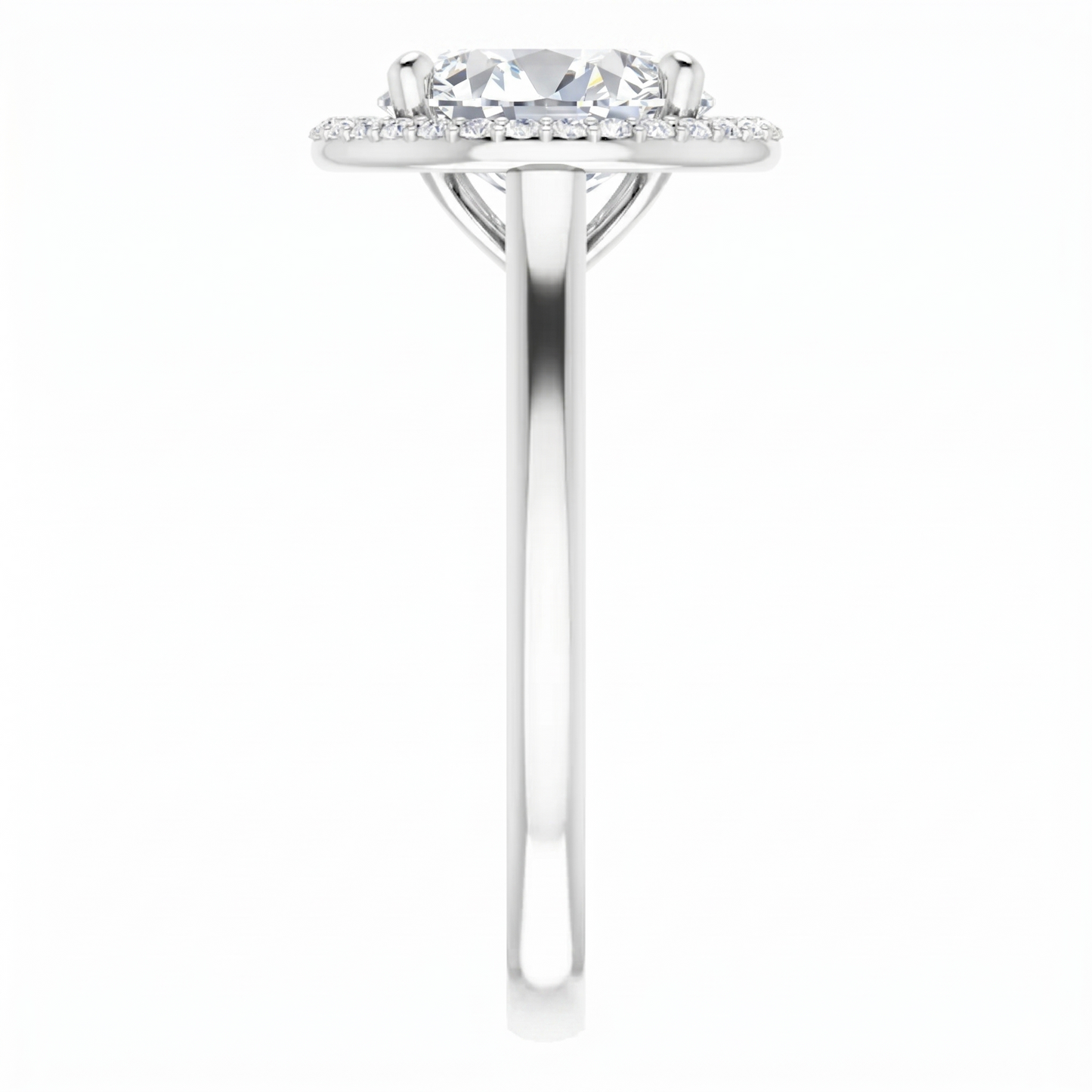 A silver engagement ring with a large central diamond surrounded by smaller diamonds.