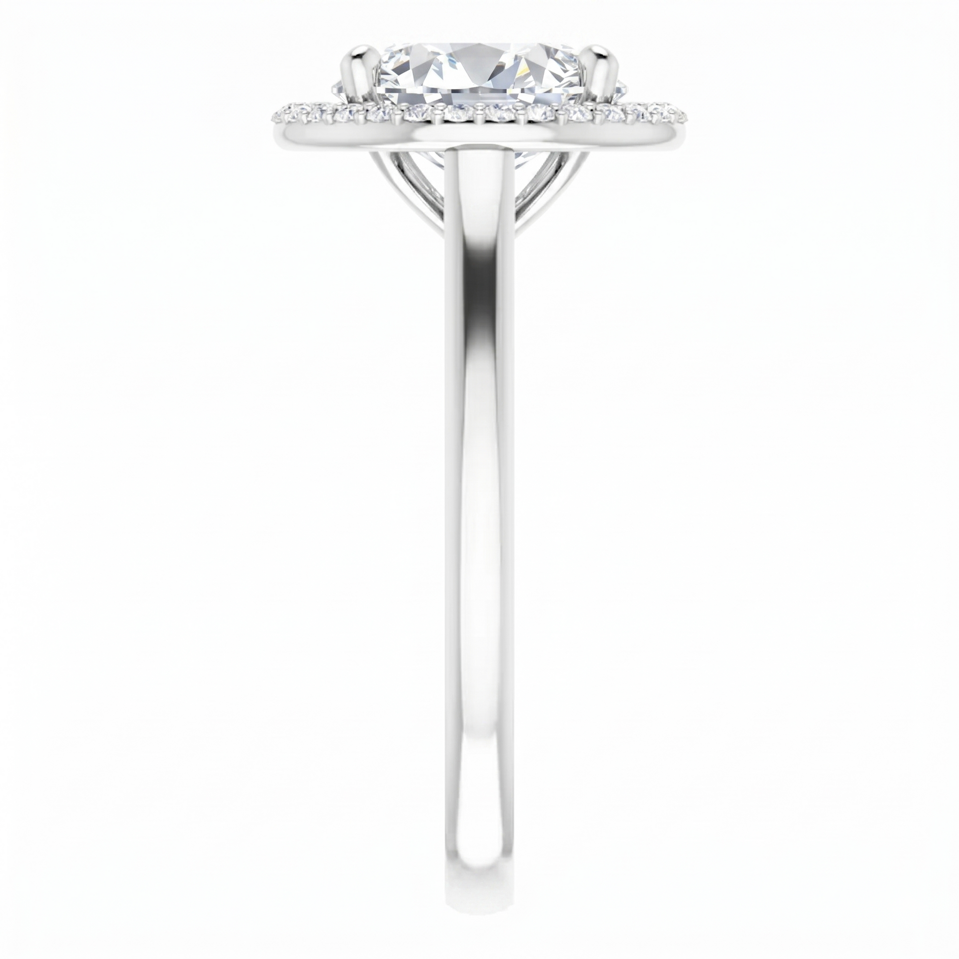 A silver engagement ring with a large central diamond surrounded by smaller diamonds.