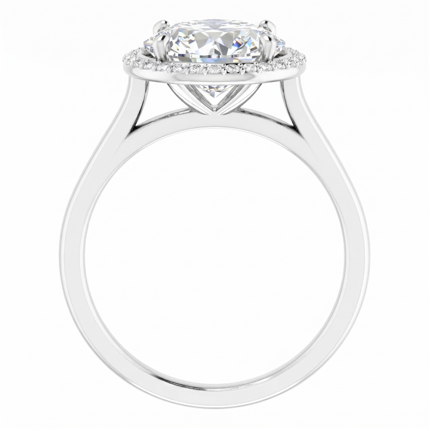 A silver engagement ring with a large, round diamond set in the center, surrounded by smaller diamonds.