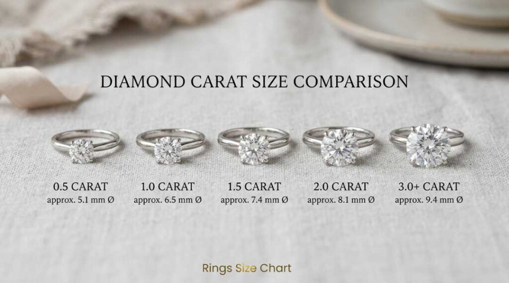 a collection of five diamond carat rings, each with a different size, arranged in a row on a table. The text above the image provides a comparison of the diamond carat sizes of the rings.