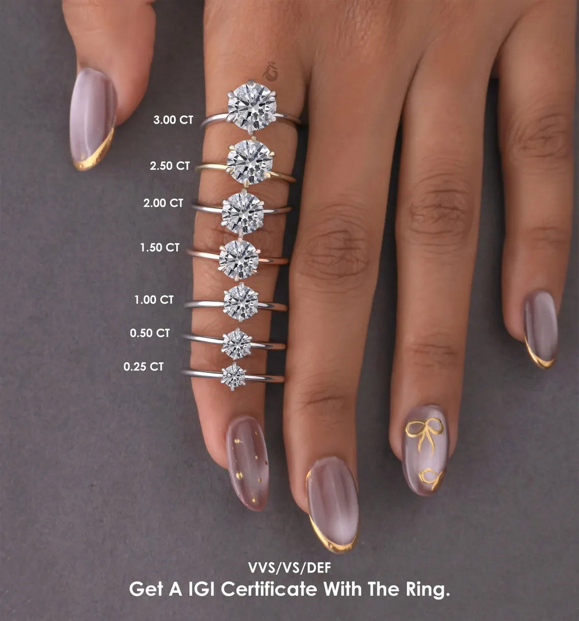 A close-up of a person's hand with a ring on the finger, displaying the ring sizes in centimeters.
