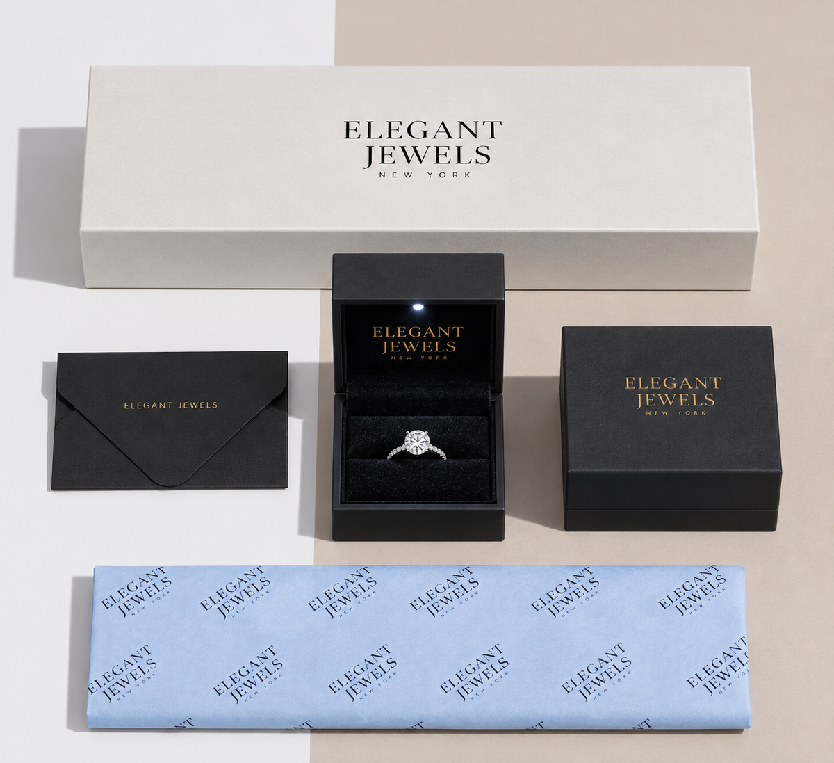a collection of elegant jewelry items, including a ring in a black box, a black envelope, and a black box with a white label. The items are arranged on a white background, creating a visually appealing and sophisticated presentation.