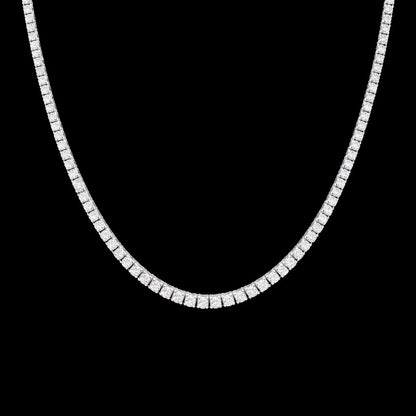 A necklace with a row of small diamonds or gemstones set in a silver or white metal.