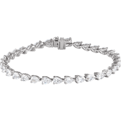 A silver bracelet with a row of small, clear diamonds set in a circular pattern.