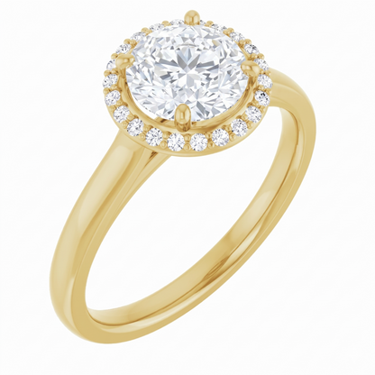 A gold ring with a large, round diamond set in the center, surrounded by smaller diamonds.