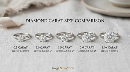 a collection of five diamond carat rings, each with a different size, arranged in a row on a table. The text above the image provides a comparison of the diamond carat sizes of the rings.