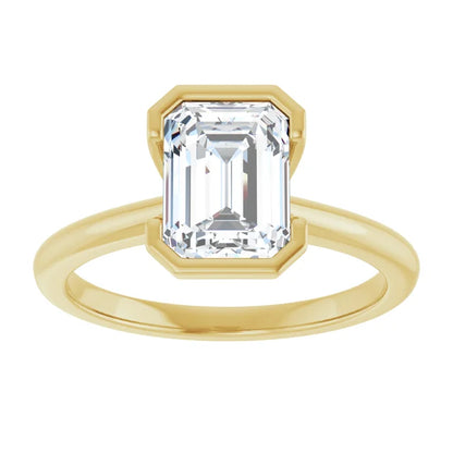A gold engagement ring with a large, clear diamond set in the center.