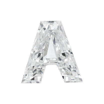 A single, clear, and sparkling diamond-like crystal or gemstone, which appears to be a letter 'A' or a similar shape.