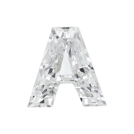 A single, clear, and sparkling diamond-like crystal or gemstone, which appears to be a letter 'A' or a similar shape.