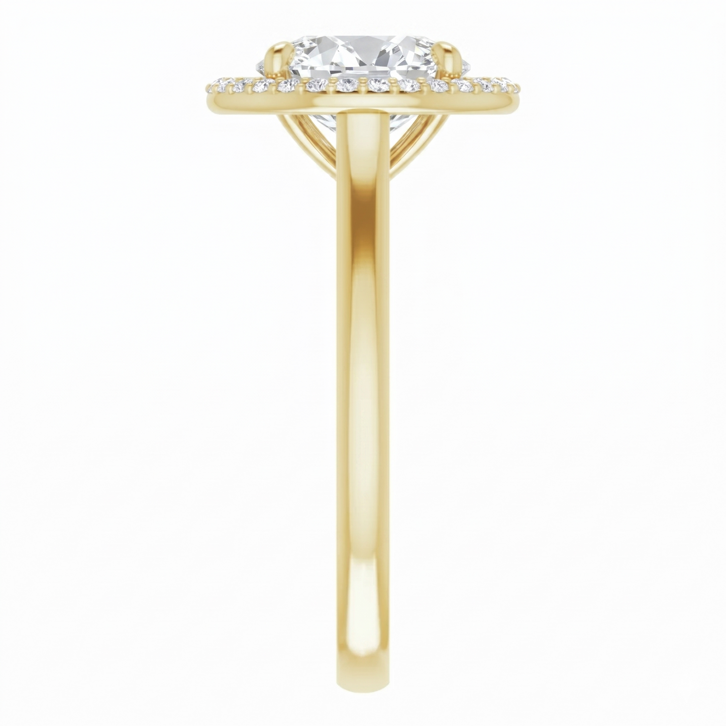 A gold engagement ring with a large diamond set in the center, surrounded by smaller diamonds.