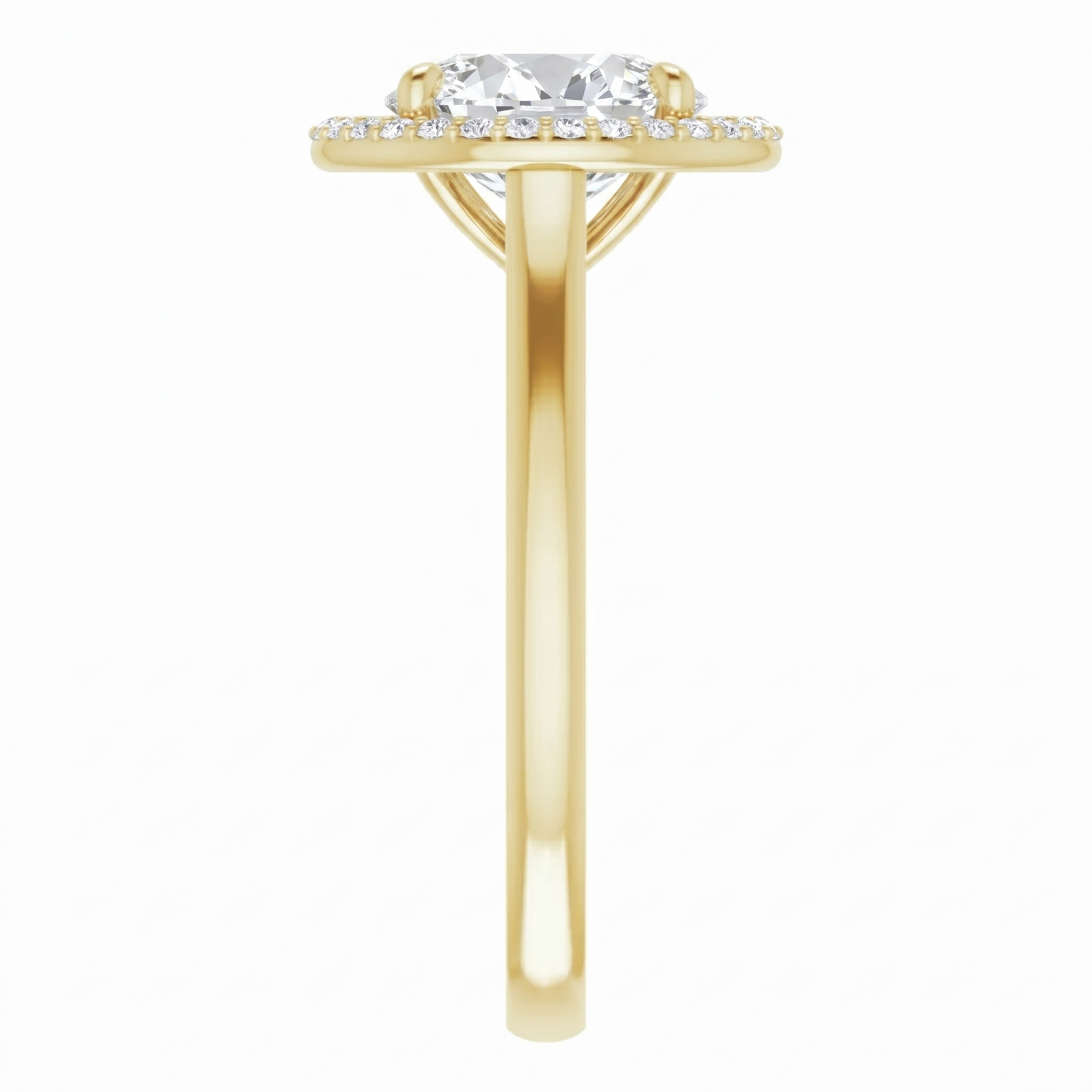 A gold engagement ring with a large diamond set in the center, surrounded by smaller diamonds.