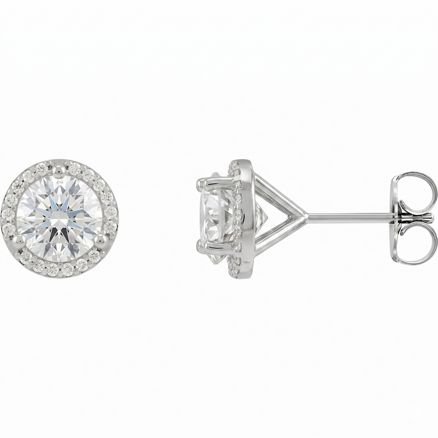 A pair of elegant silver earrings with a large, round diamond set in the center, surrounded by smaller diamonds.