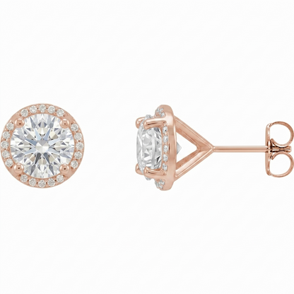 a pair of rose gold earrings with a large, round diamond set in the center, surrounded by smaller diamonds.