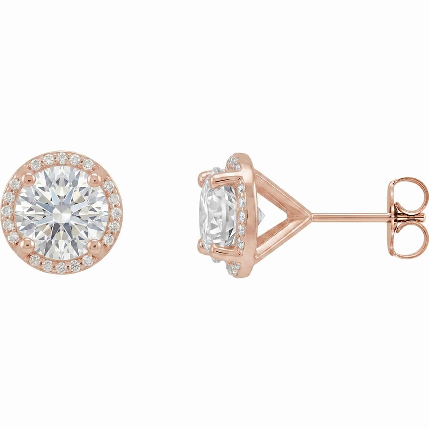 a pair of rose gold earrings with a large, round diamond set in the center, surrounded by smaller diamonds.