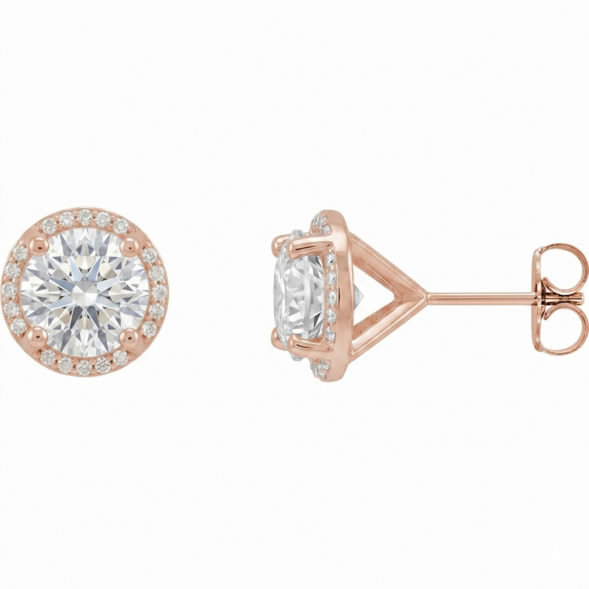 a pair of rose gold earrings with a large, round diamond set in the center, surrounded by smaller diamonds.