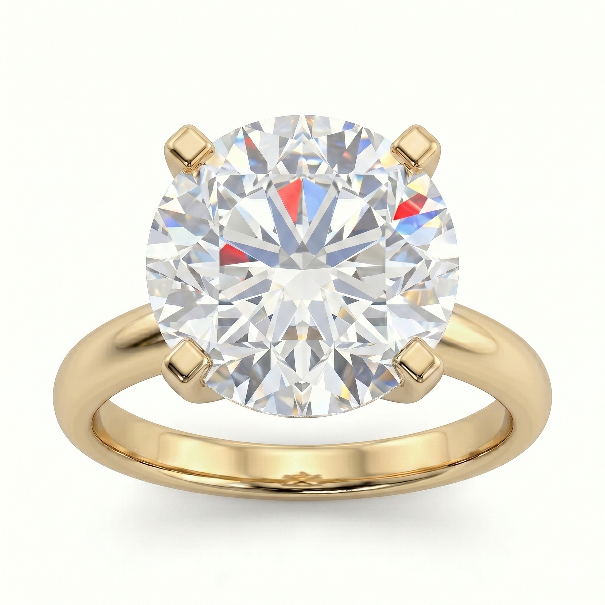 A gold ring with a large, brilliant round diamond set in the center.