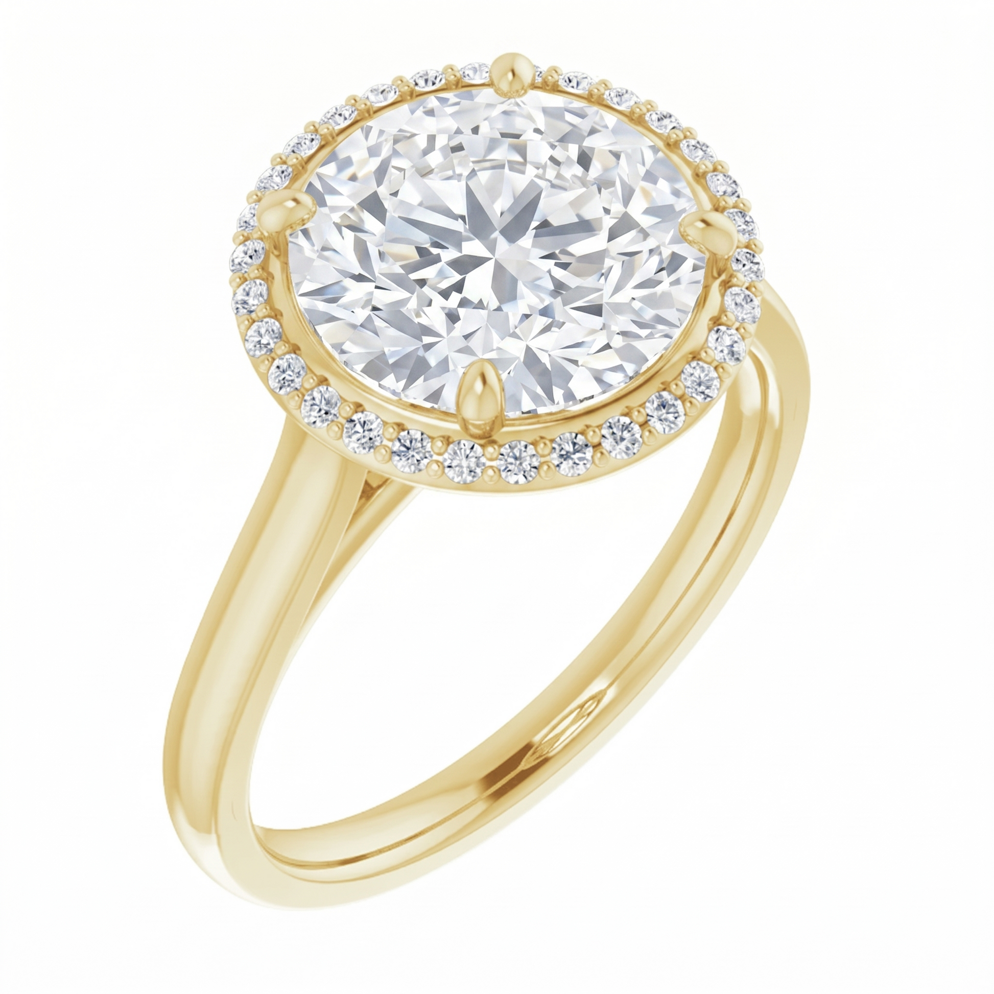 A gold ring with a large, round diamond set in the center, surrounded by smaller diamonds.