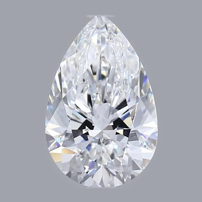 A single, clear, and brilliant-cut pear-shaped diamond is the focal point of the image.