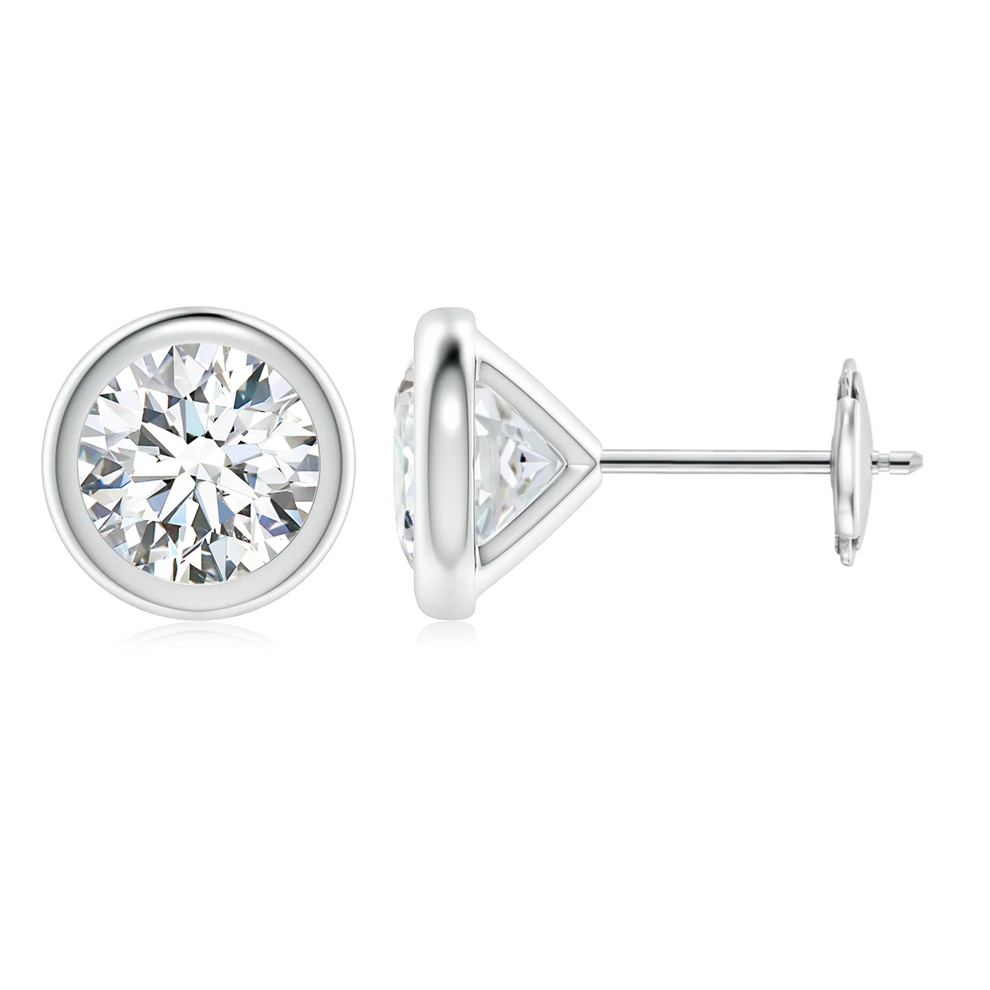 A pair of elegant silver earrings with a large, brilliant-cut diamond set in the center.