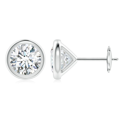 A pair of elegant silver earrings with a large, brilliant-cut diamond set in the center.