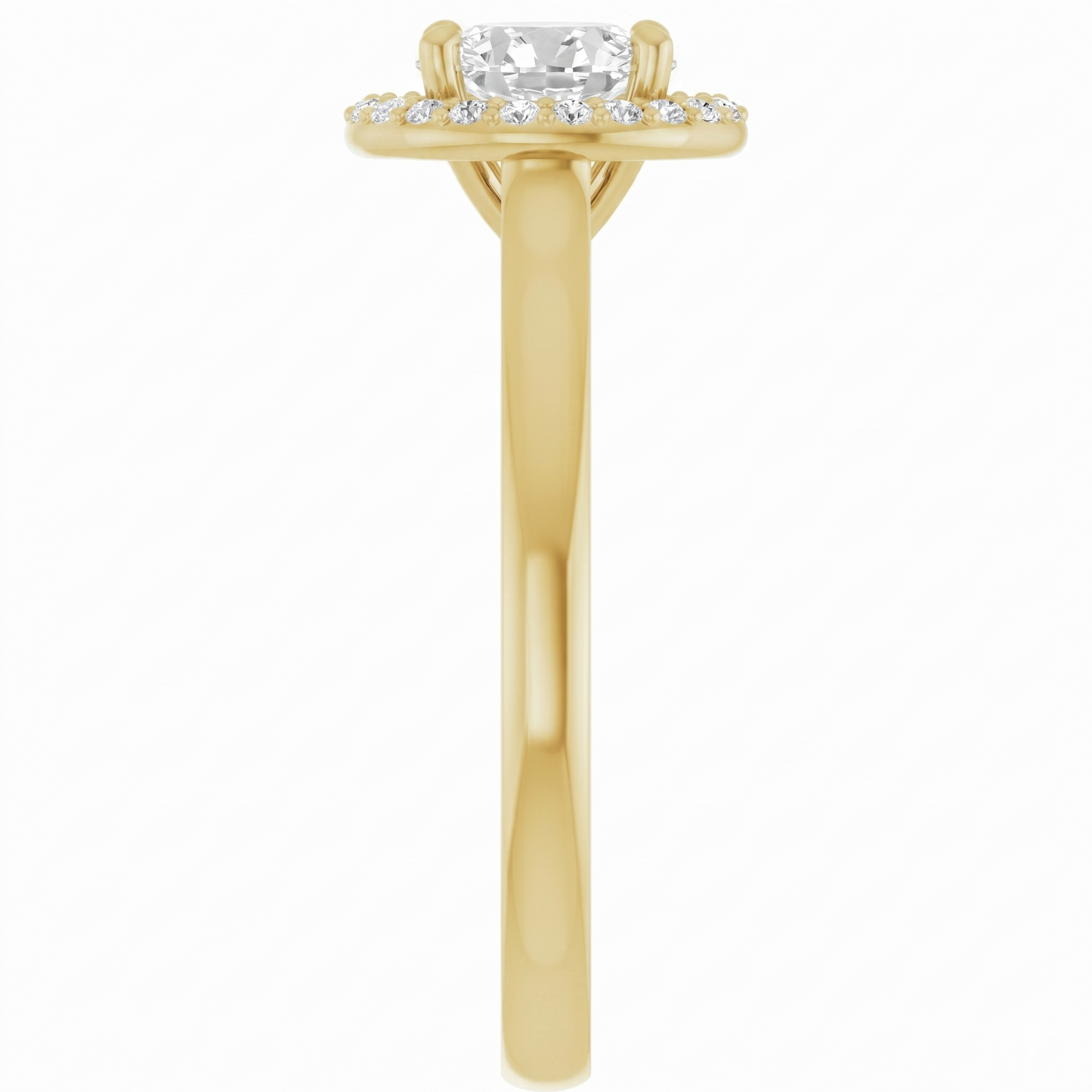 A gold engagement ring with a large central diamond surrounded by smaller diamonds.