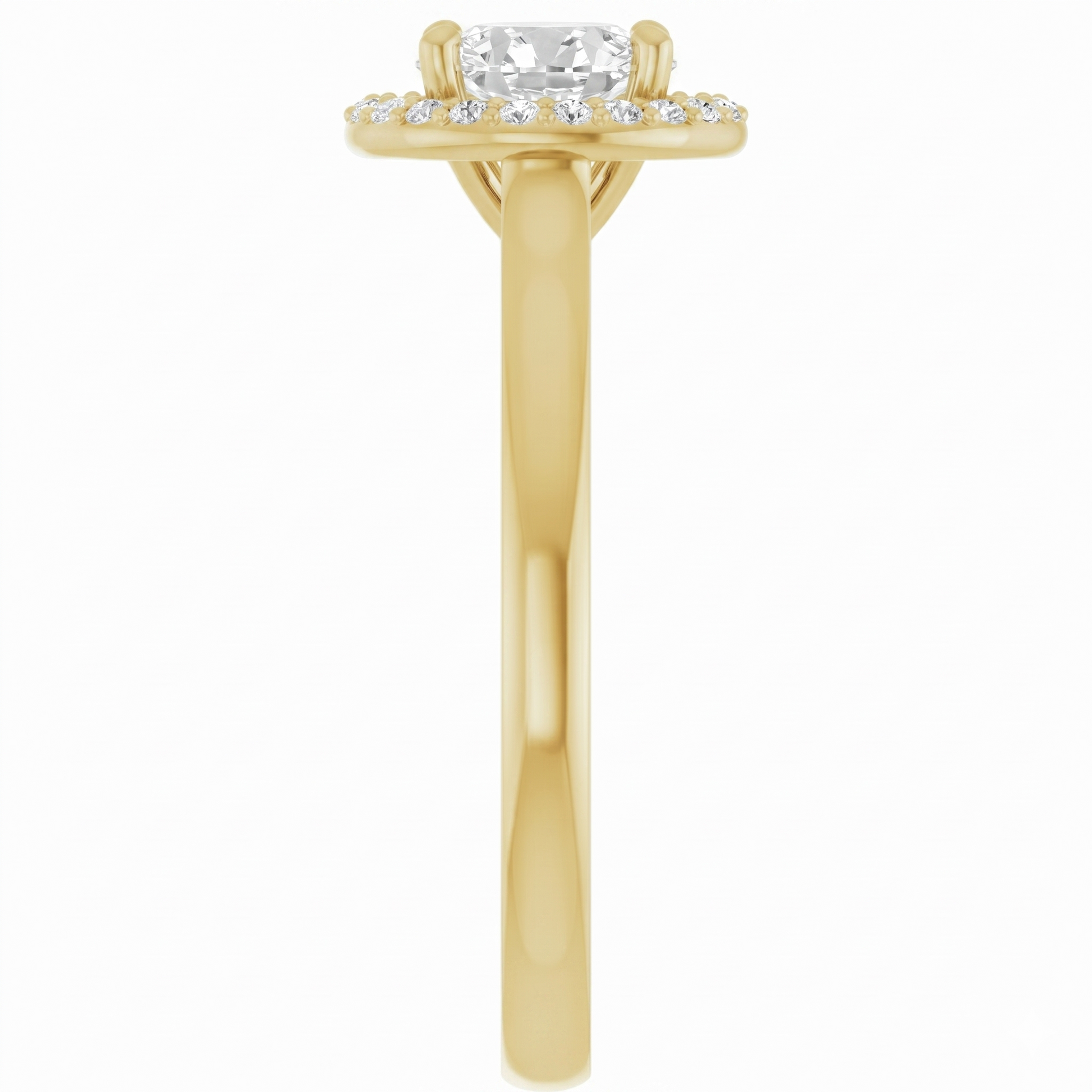 A gold engagement ring with a large central diamond surrounded by smaller diamonds.