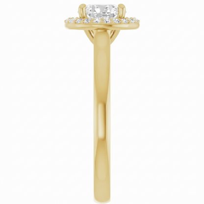 A gold engagement ring with a large central diamond surrounded by smaller diamonds.