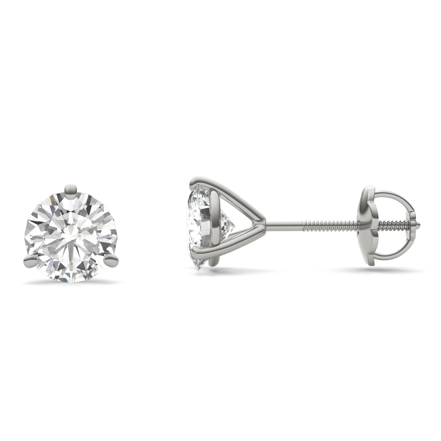 A pair of silver earrings with a large, clear diamond set in the center.