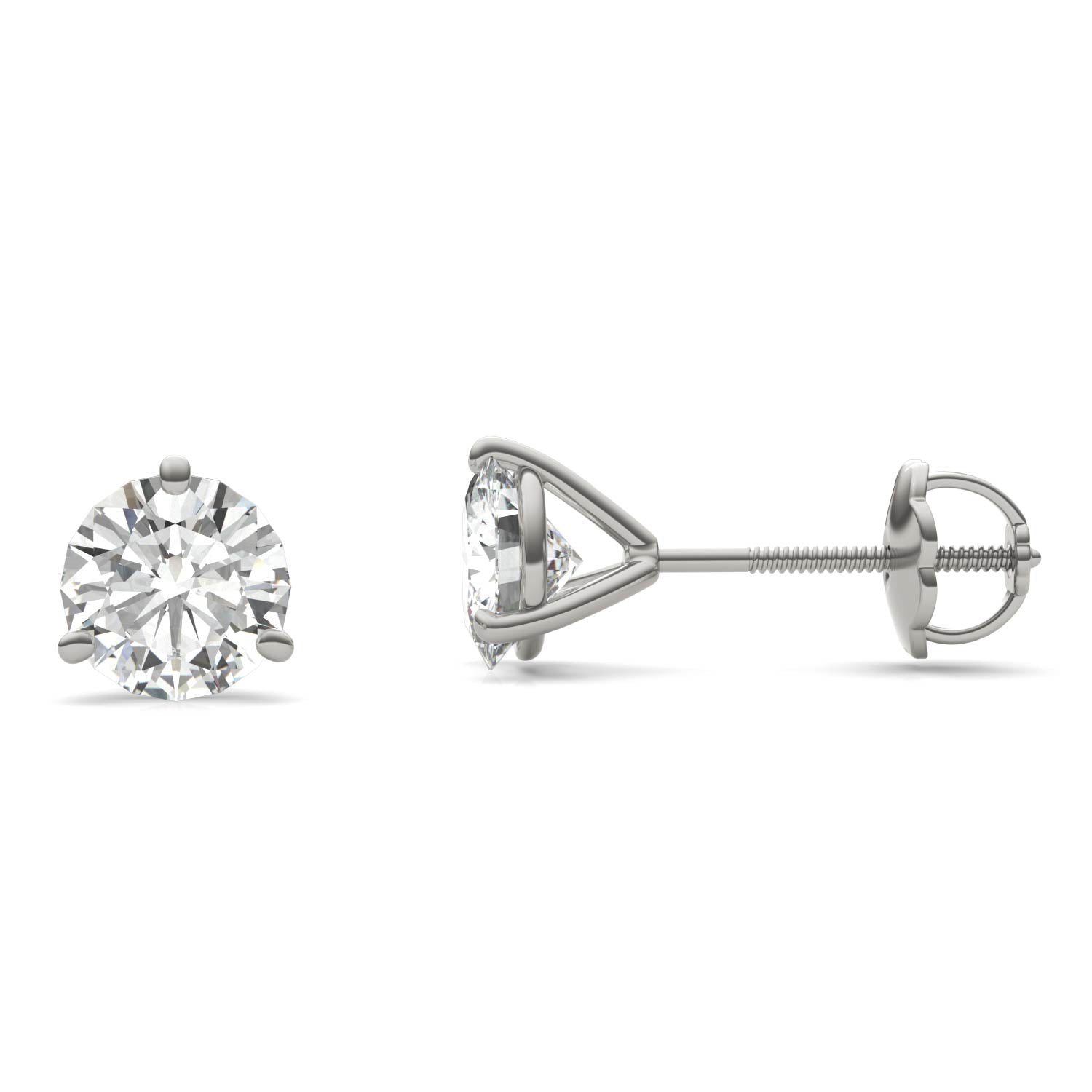 A pair of silver earrings with a large, clear diamond set in the center.