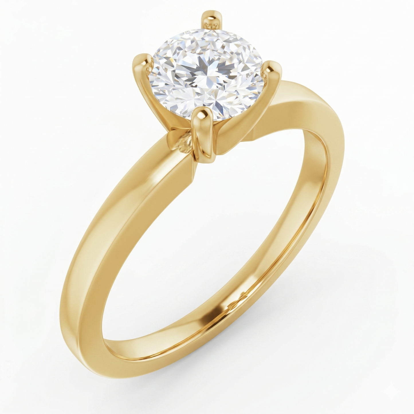 A gold engagement ring with a large, round diamond set in the center.