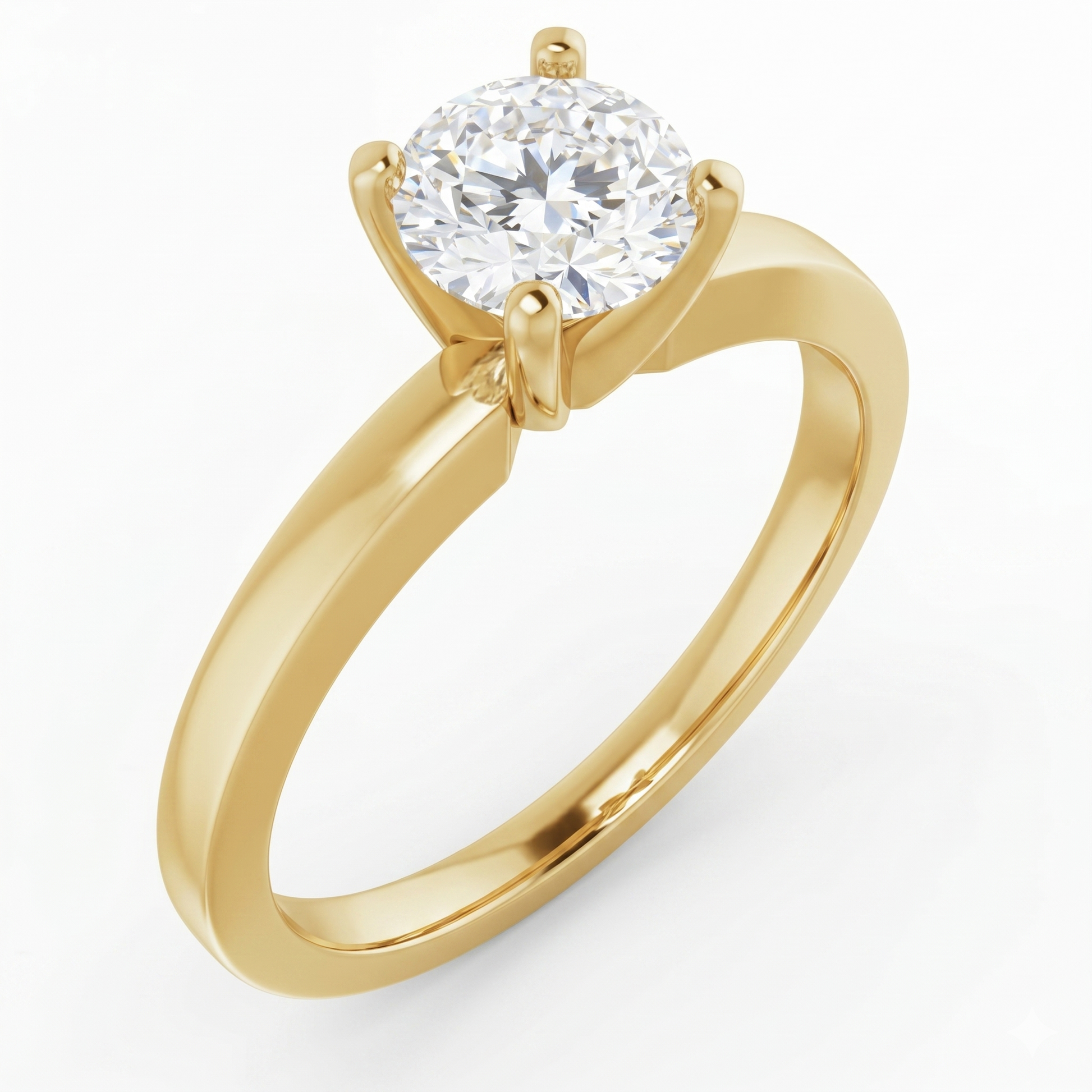 A gold engagement ring with a large, round diamond set in the center.