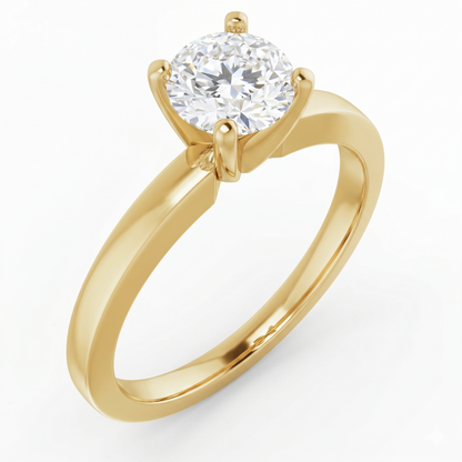 A gold engagement ring with a large, round diamond set in the center.