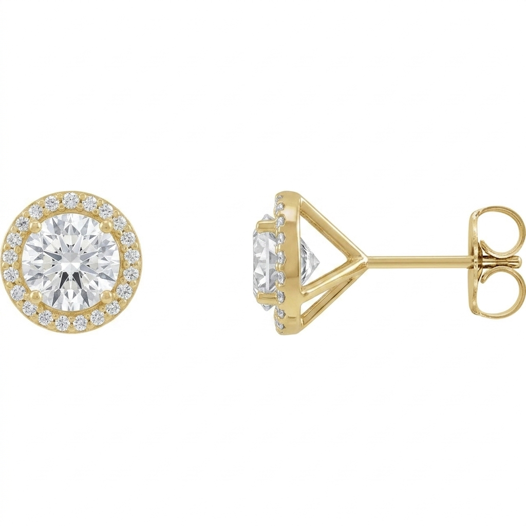 a pair of gold earrings with a large, round diamond set in the center, surrounded by smaller diamonds.