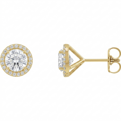 a pair of gold earrings with a large, round diamond set in the center, surrounded by smaller diamonds.