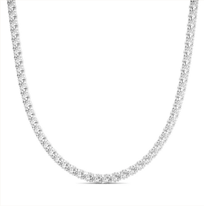A necklace with a row of small diamonds or gemstones set in a silver or white metal.