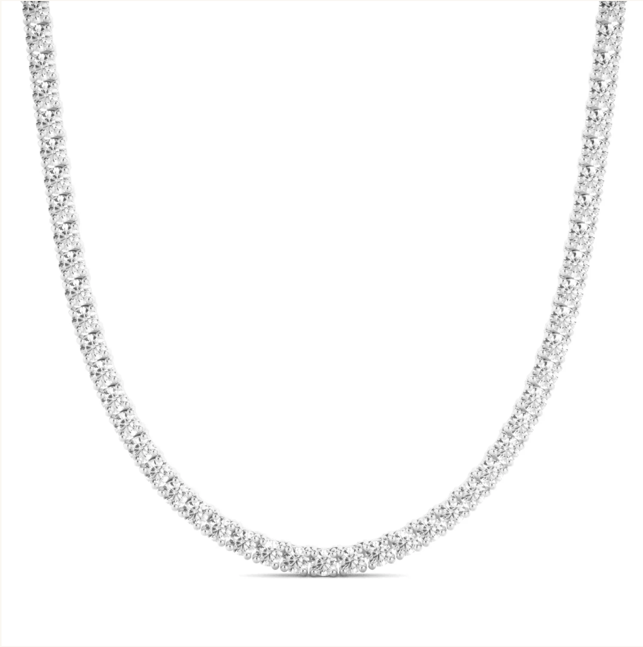 A necklace with a row of small diamonds or gemstones set in a silver or white metal.