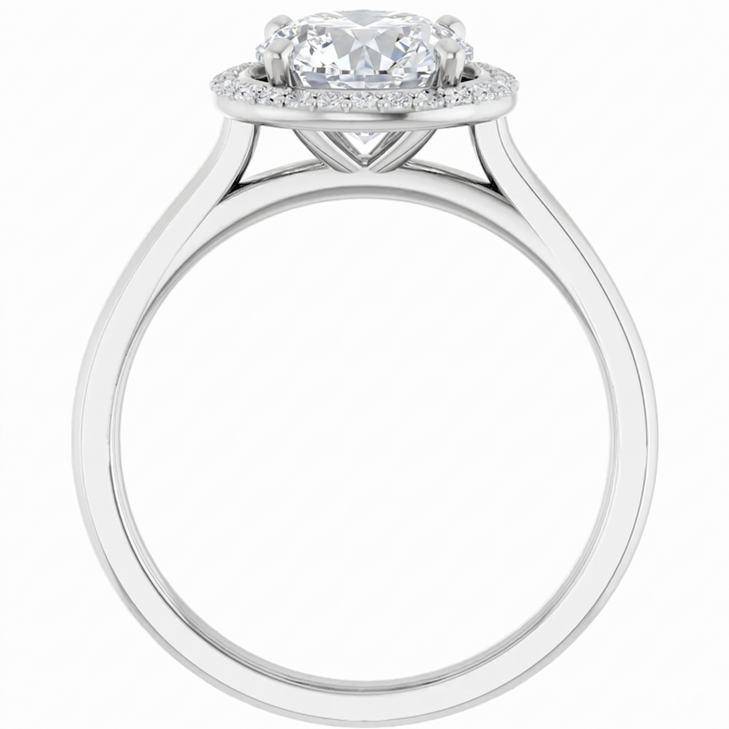 A silver engagement ring with a large central diamond surrounded by smaller diamonds, set in a halo of smaller diamonds.