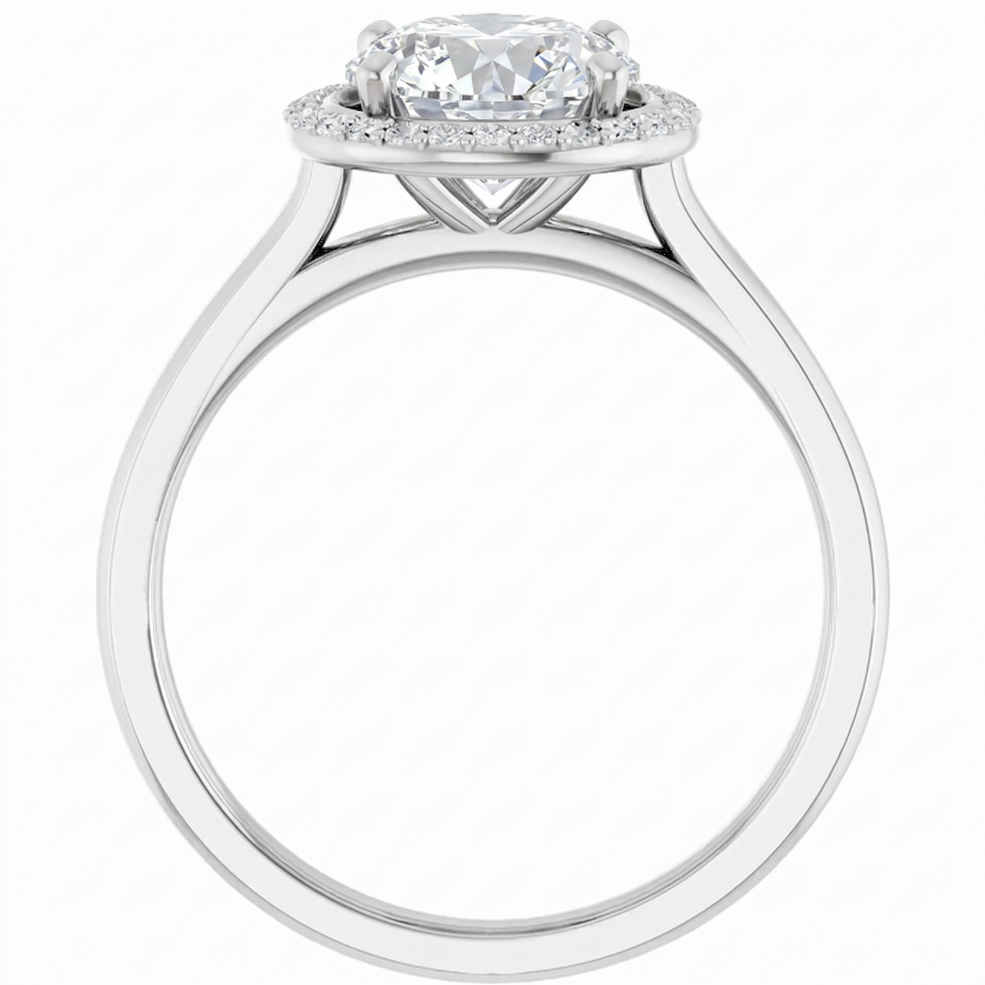 A silver engagement ring with a large central diamond surrounded by smaller diamonds, set in a halo of smaller diamonds.