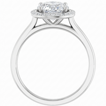 A silver engagement ring with a large central diamond surrounded by smaller diamonds, set in a halo of smaller diamonds.