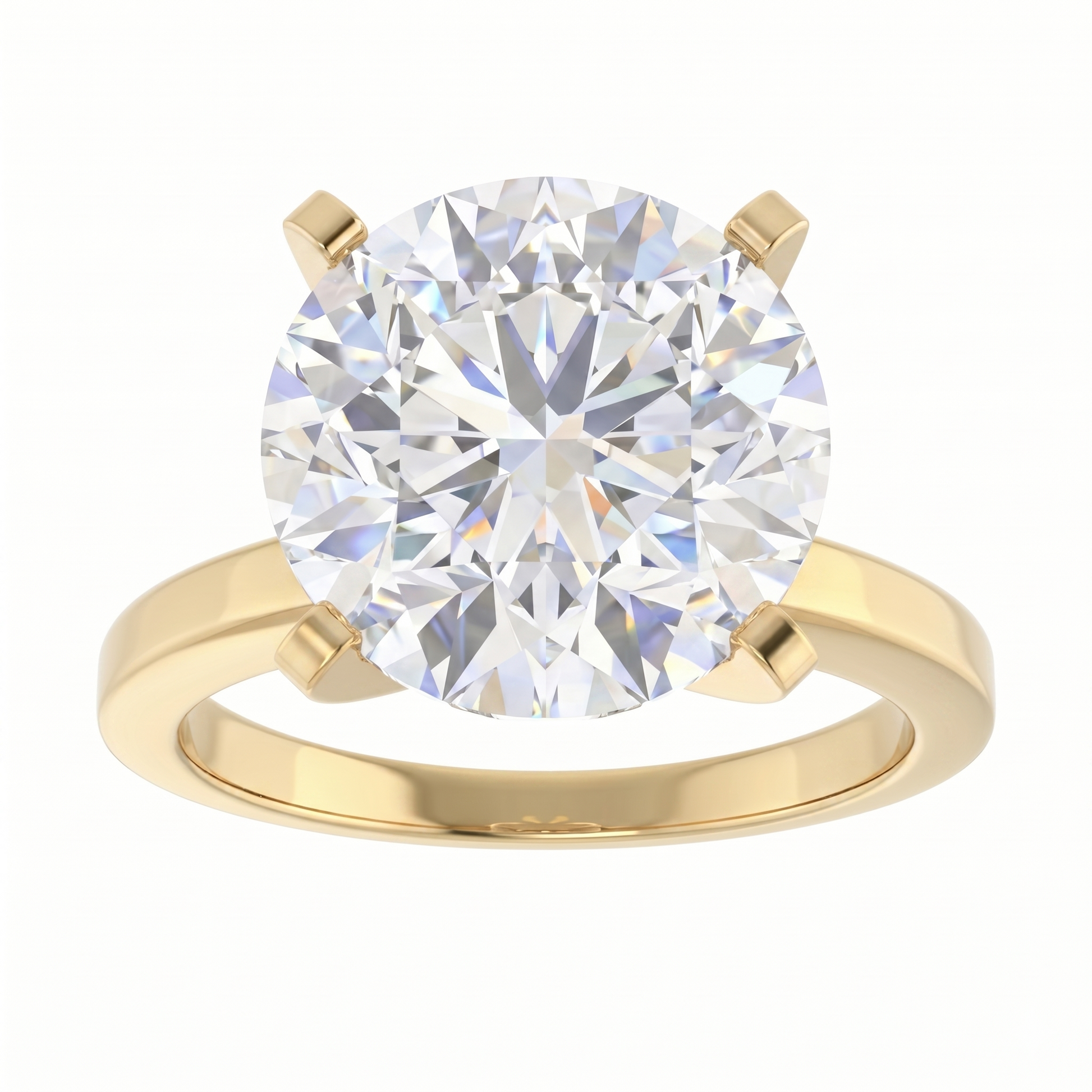 A gold ring with a large, brilliant round diamond set in the center.