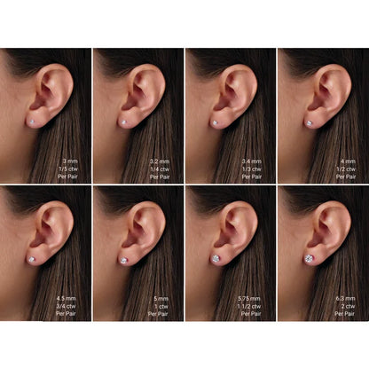 The image is a collage of six images showing different earring sizes and their corresponding measurements, such as 3mm, 3.2mm, 3.14cm, 3.14cm, 3.5mm, and 5.5mm.